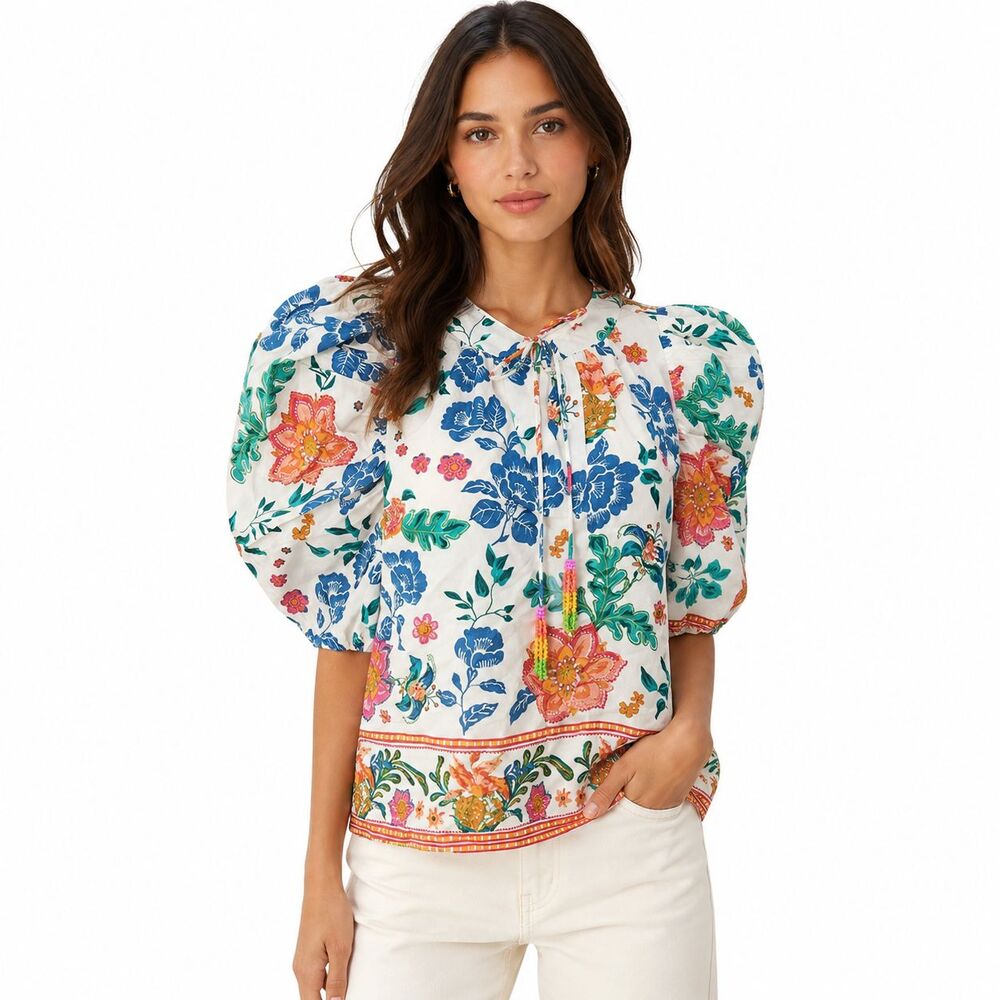 Rachel Zoe Floral Puff Sleeve Linen Blend Boho Blouse Beaded Tassels Womens S